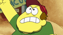 a yellow cartoon character with a red hat and green shirt