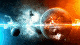 a planet in the middle of a galaxy with a blue and orange glow