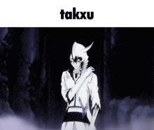 a black and white anime character with the word takxu on the top