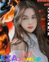 a woman stands in front of a poster that says ame e7asonic
