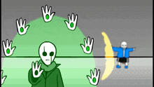 a cartoon of a man with a green jacket and a white face surrounded by green hands .