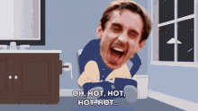 a cartoon of a man on a toilet saying oh hot hot hot hot hot