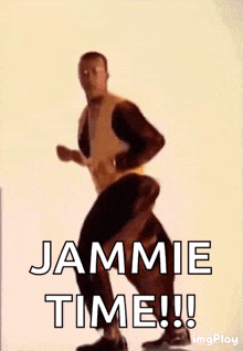 a man in a yellow shirt and black pants is dancing with the words jammie time written below him .