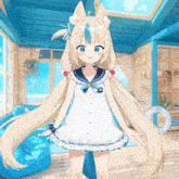 a girl with long blonde hair is wearing a white dress