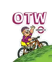a cartoon of a boy riding a bike with the words otw graphos on the bottom