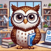 an owl wearing glasses is holding a book in front of a laptop computer