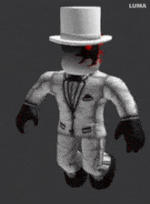a cartoon character wearing a white suit and top hat with luma written on the bottom right