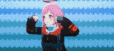a girl with pink hair is standing in front of waves