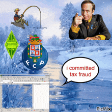 a computer screen with a speech bubble that says ' i committed tax fraud '