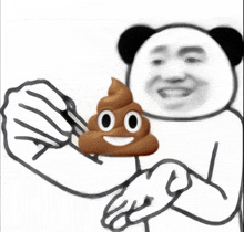 a drawing of a panda bear holding a poop with a face on it