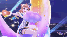 a cartoon character is sitting on a crescent moon with her arms outstretched