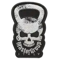 a black and white embroidered patch with a skull and a kettlebell and the words master group