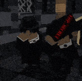 two roblox characters are standing next to each other holding guns and a top secret sign