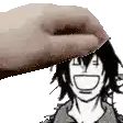 a hand is holding a cartoon character 's head and smiling .