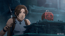 a cartoon of a woman standing next to a red box that says netflix