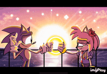 a cartoon of sonic the hedgehog and amy rose fist bump