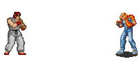 a pixel art illustration of a karate man throwing a ball and a fireball