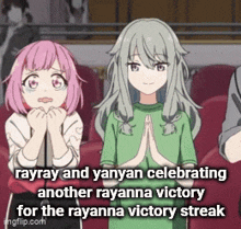 a couple of anime girls are standing next to each other in a room .