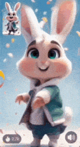 a cartoon rabbit is standing in front of a blue background with confetti falling around it .