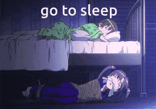 two anime girls are tied up and laying on a bed with the words go to sleep below them