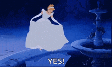 cinderella is dancing in front of a fountain with the words `` yes '' .