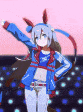 a girl in a blue jacket has the letter s on her chest