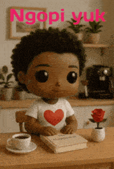 a doll is sitting at a table with a book and a cup of coffee