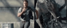 a man is running away from a large dinosaur .