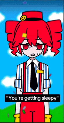 a cartoon of a girl with red hair and a smiley face on her hat says " you 're getting sleepy "