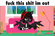 a cartoon character is sitting on a pink couch with the words fuck this shit im out