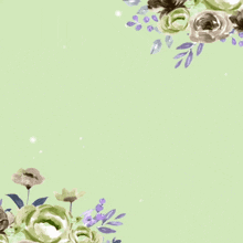 a green background with purple and white flowers and arabic writing on it
