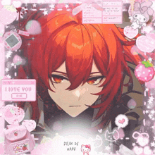 a picture of a red haired anime character surrounded by pink hearts