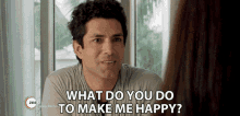 a man is talking to a woman and asking her what do you do to make me happy