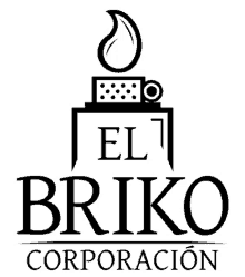 a white logo for el briko corporation with a lighter and a flame