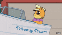 a cartoon of a cat in a car with the words driveway dream on it