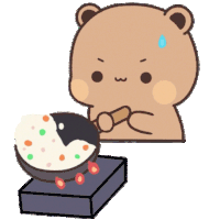 a cartoon bear is cooking rice in a pan