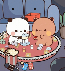 a cartoon drawing of two bears sitting at a table with popcorn and pepsi cans