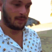 a man with a beard is wearing a white shirt with a polka dot pattern on it .