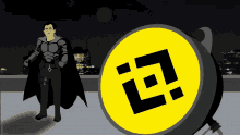 a cartoon of a man in a cape standing next to a yellow circle with a black l on it