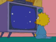a cartoon of maggie simpson looking at a television