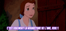belle from beauty and the beast is standing in front of a red door