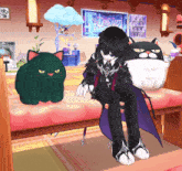 a cartoon character is sitting on a bed with a green cat and a black cat