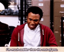 a man in a red hoodie is saying " i 'm much sadder than the rest of you "
