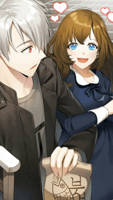 a boy and a girl are sitting next to each other and the girl is holding a bag of food