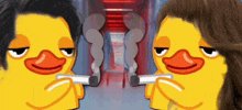 a man and a woman duck are holding guns in their hands
