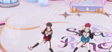a boy with black hair is dancing in front of a pink and blue background