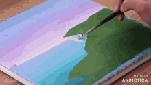 a person is painting a landscape on a canvas with the words made in animotica on the bottom