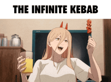 a picture of a girl holding a glass of orange juice and a kebab on a stick with the caption the infinite kebab