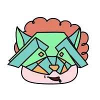 a drawing of a cat with a green face and a red head