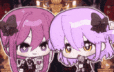 two anime girls with purple hair are standing next to each other in front of a chandelier